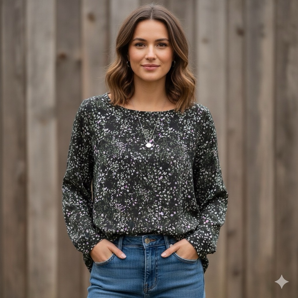 Banana Republic floral pattern boat neck, long-sleeved blouse, oval hem, XS